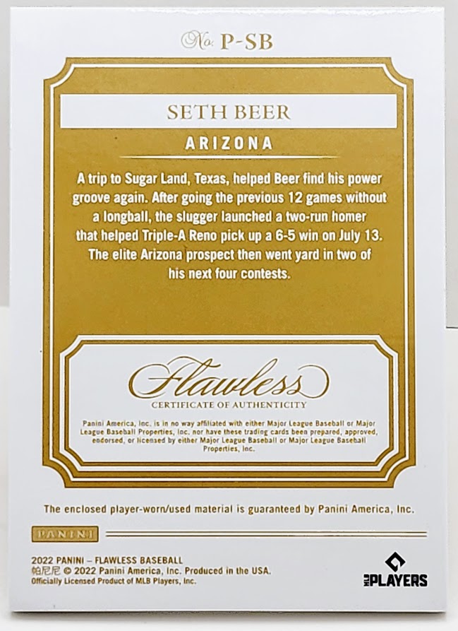 2022 Panini FLAWLESS SILVER Refractor Rookie Patch SETH BEER #P-SB 08/25