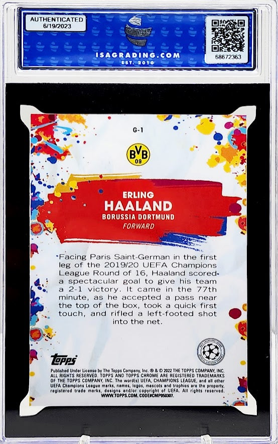 2021/22 Topps Chrome UCL Golazo Refractor Erling Haaland #G1 ISA 10 GEM MT