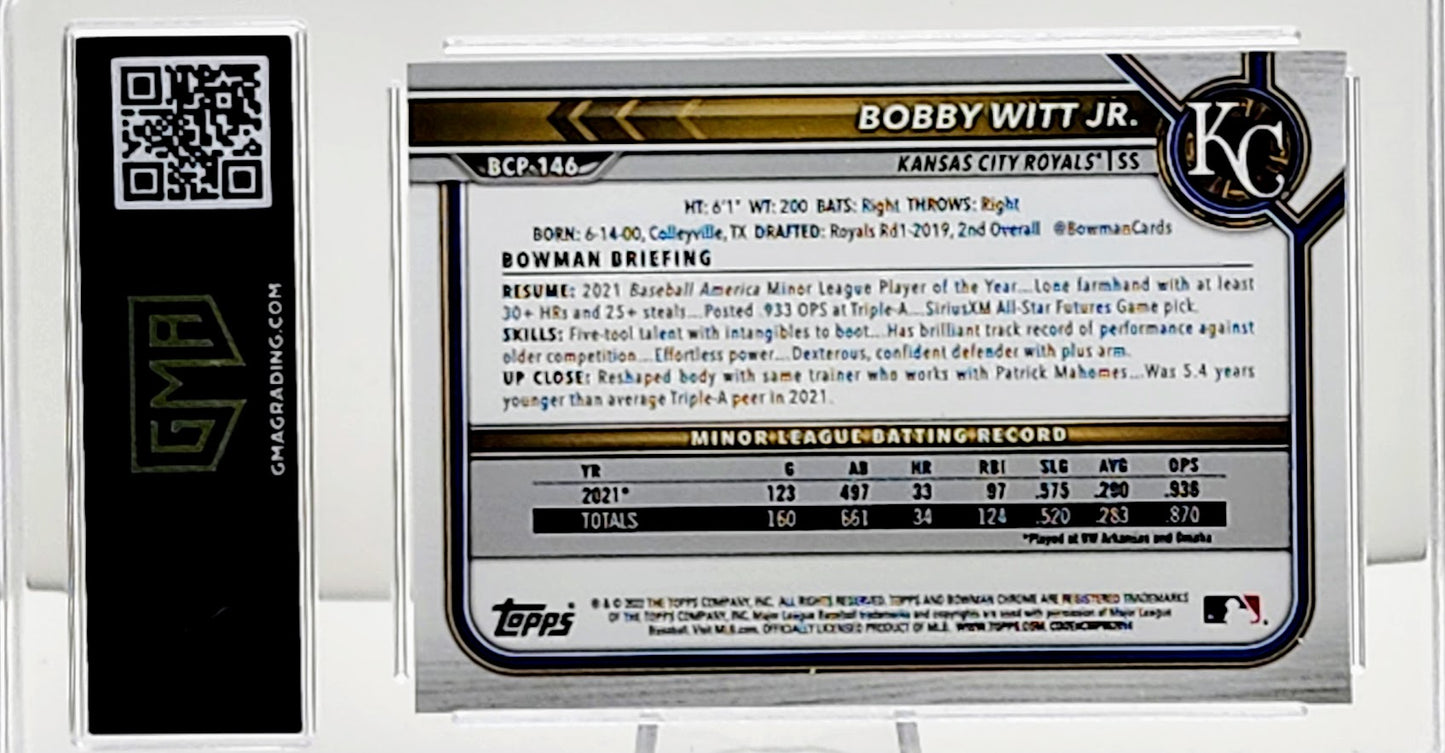 Bobby Witt Jr. #/150 2022 Topps Bowman Chrome Mojo Blue Refractor Prospect Card #BCP-146 GMA 10 GEM Mint