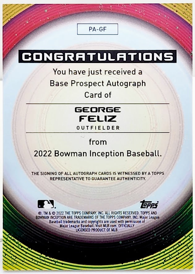 2022 Bowman Inception #PA-GF George Feliz Auto #/399 RC Rookie SEATTLE MARINERS
