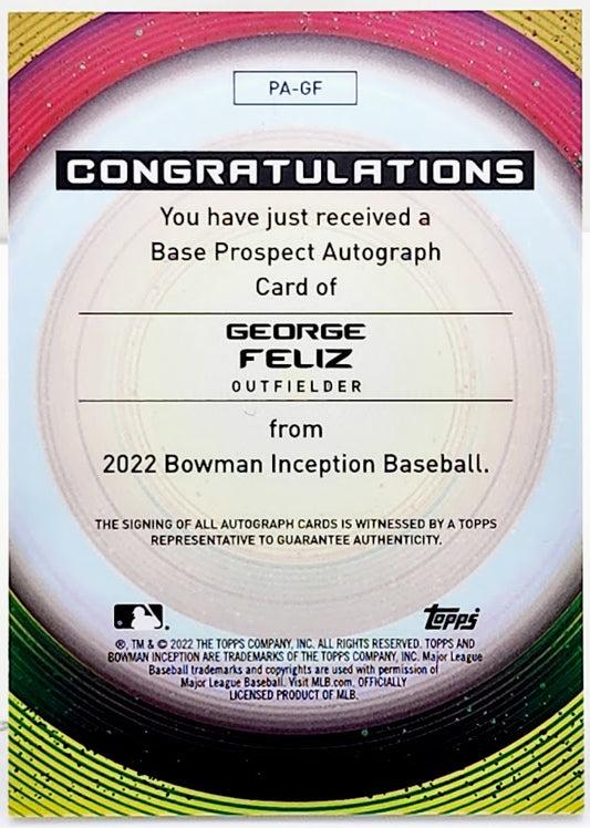 2022 Bowman Inception #PA-GF George Feliz Auto #/399 RC Rookie SEATTLE MARINERS