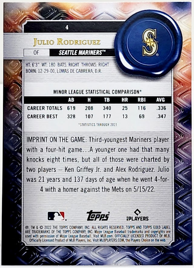 2022 Topps Gold Label #4 Julio Rodriguez RC Rookie Mariners