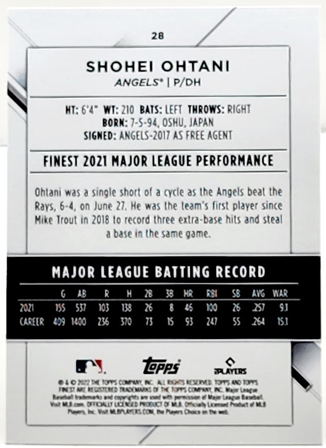 Shohei Ohitani Refractor - 2022 Topps Finest Baseball #28 LA Angels