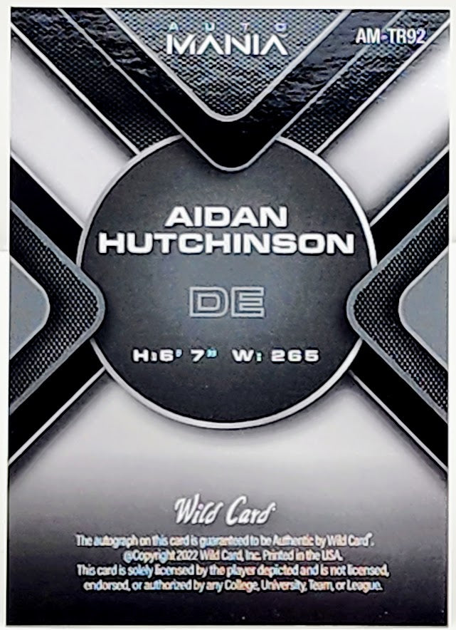 2022 Wild Card Auto Mania Aidan Hutchinson Rookie RC Auto 5/7 MINT - Lions