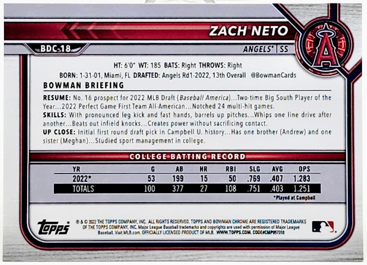 2022 Bowman Draft Chrome Zach Neto 1st Prospect #BDC-18 Rookie LA Angels