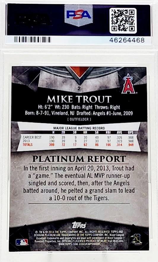 2014 BOWMAN Platinum #2 MIKE TROUT BLUE SAPPHIRE Los Angeles Angels PSA 10 Gem Mint
