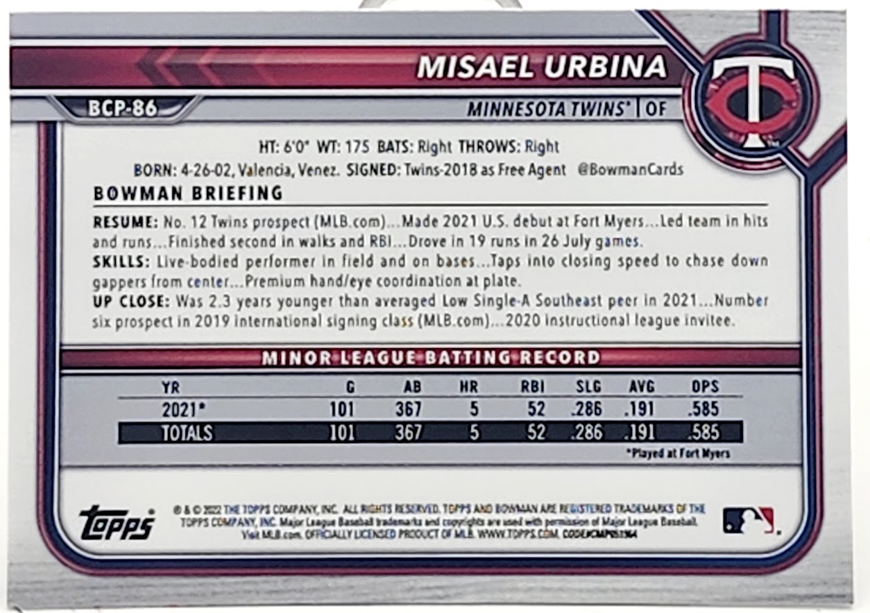 2022 Bowman Chrome Sapphire Misael Urbina Minnesota Twins #BCP-86