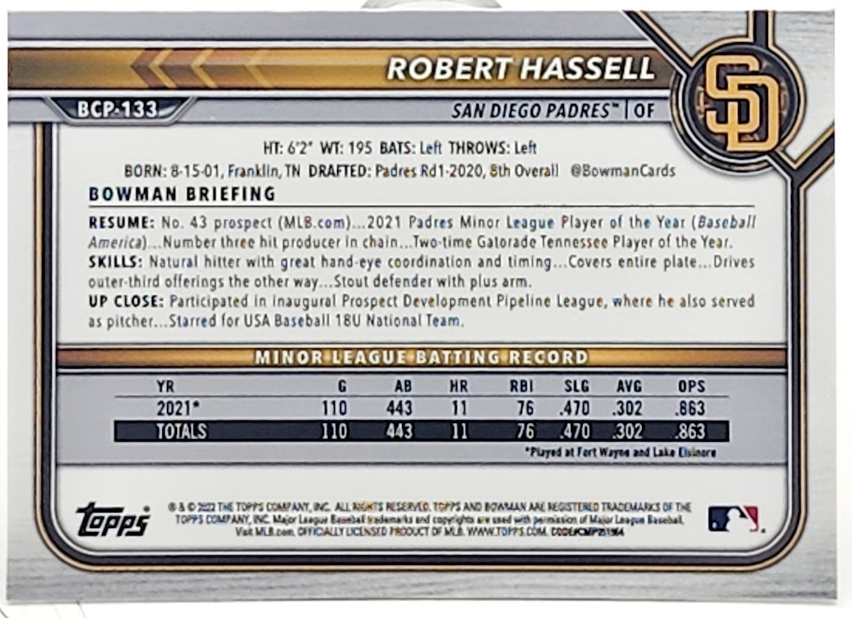 2022 Bowman Chrome Sapphire Robert Hassell #BCP-133