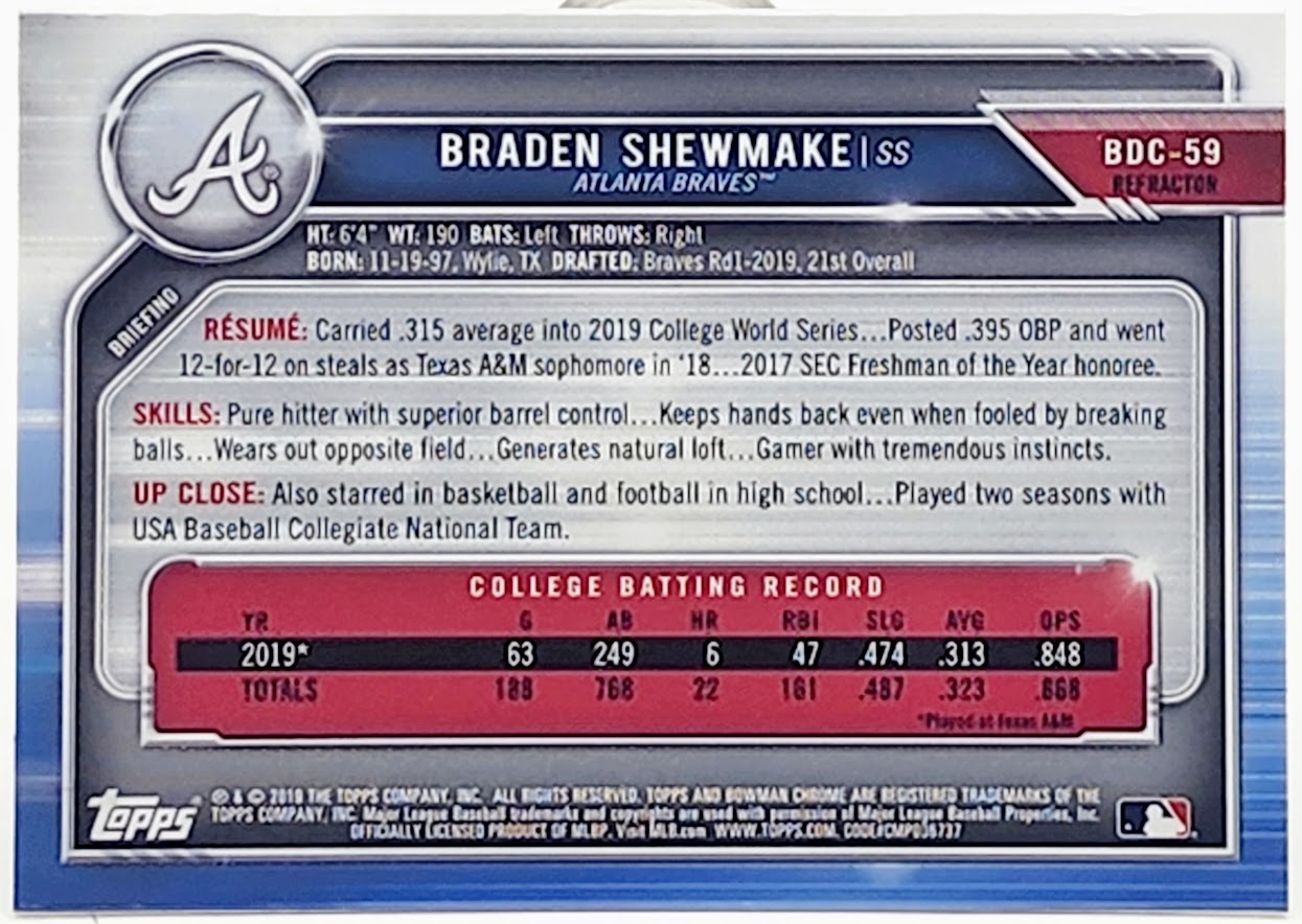 2019 Bowman Draft BRADEN SHEWMAKE Chrome 1st Refractor #BDC-59 RC Braves