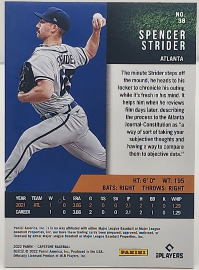 2022 Capstone Baseball Base Red #38 Spencer Strider - Atlanta Braves