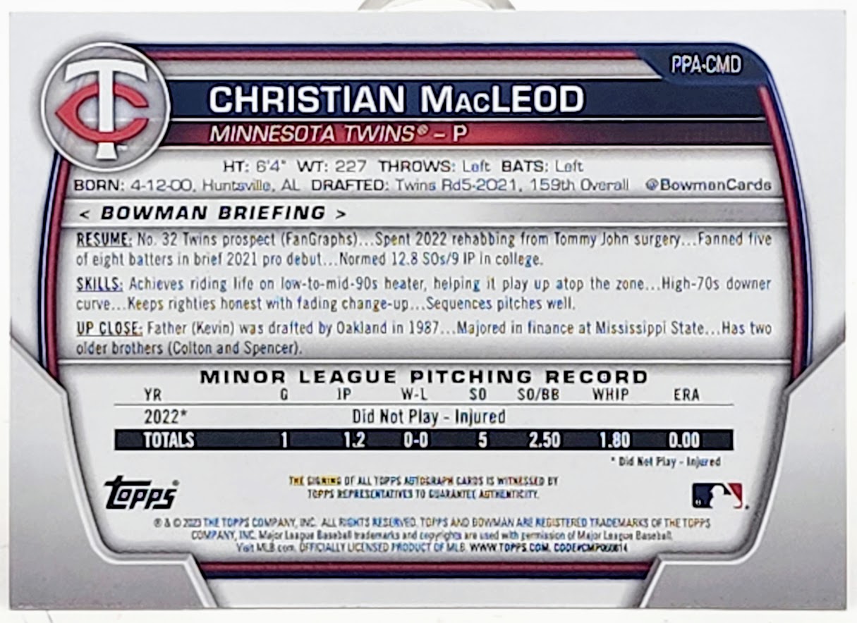 2023 Bowman Christian MacLeod 1st Bowman Purple Auto 240/250 #PPA-CMD