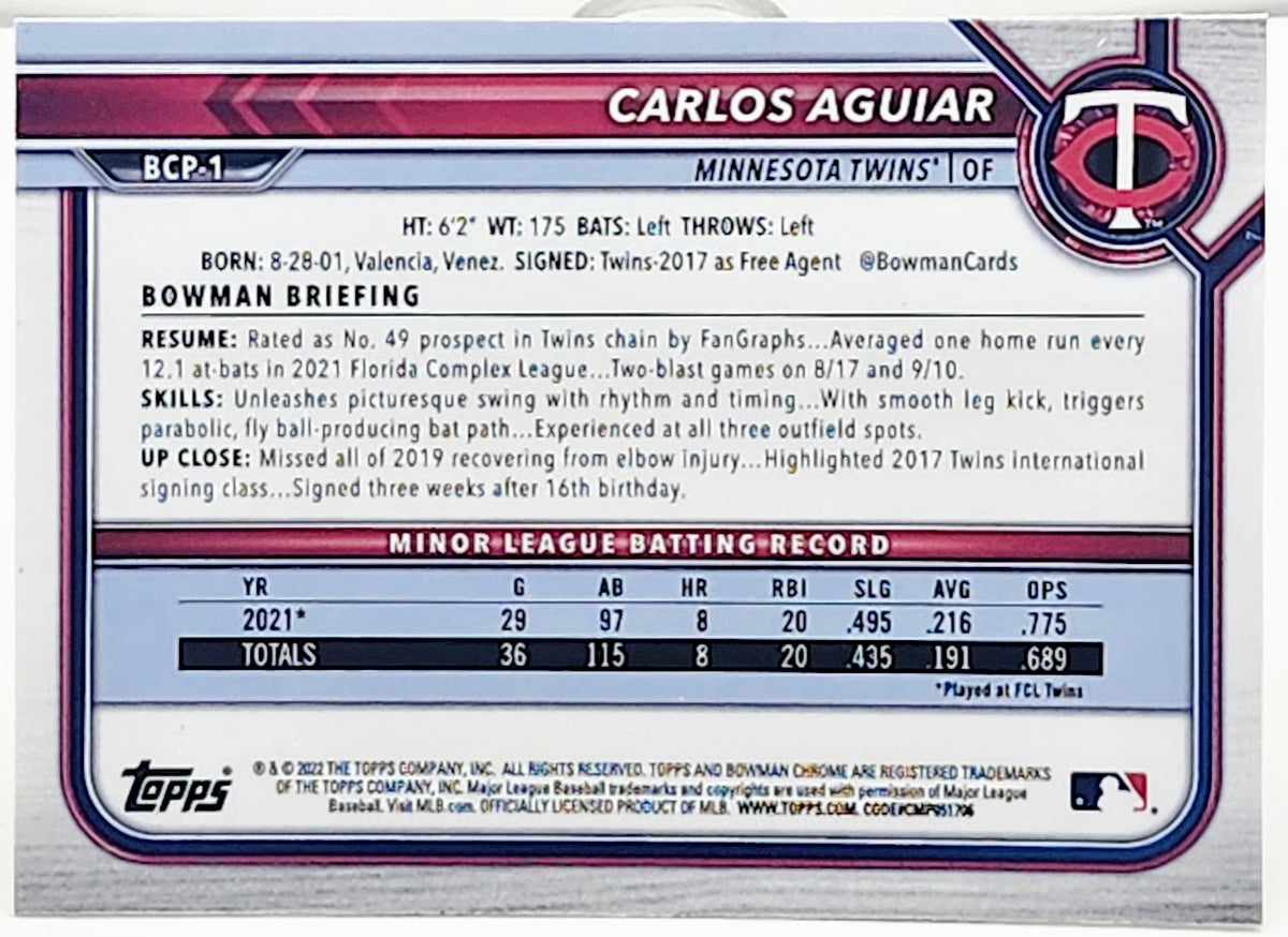 2022 Bowman Chrome Carlos Aguiar 1st Bowman Prospect #BCP-1 Minnesota Twins - walk-of-famesports