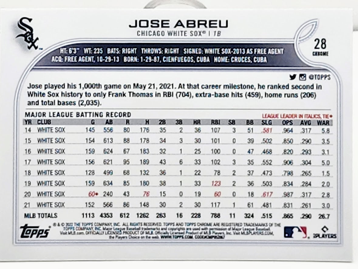 2022 Topps Chrome REFRACTOR Jose Abreu #28 Parallel Card Chicago White Sox - walk-of-famesports