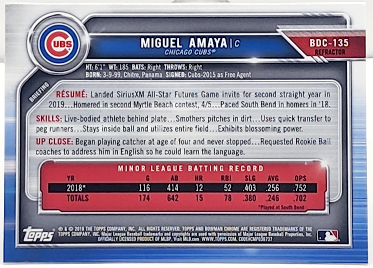 2019 Bowman Draft Chrome Miguel Amaya #BDC-135 Chicago Cubs - walk-of-famesports