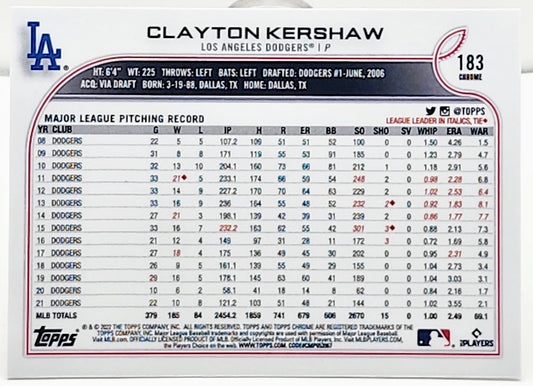 2022 Topps Chrome #183 Clayton Kershaw Xfractor Los Angeles Dodgers - walk-of-famesports