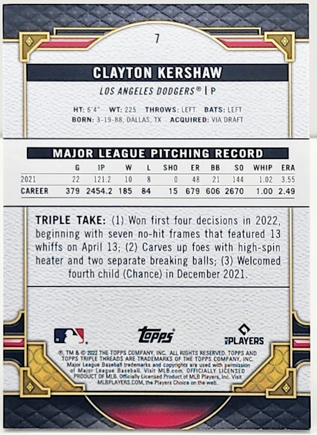 2022 Topps Triple Threads Clayton Kershaw Green Parallel Card 27/259 - walk-of-famesports