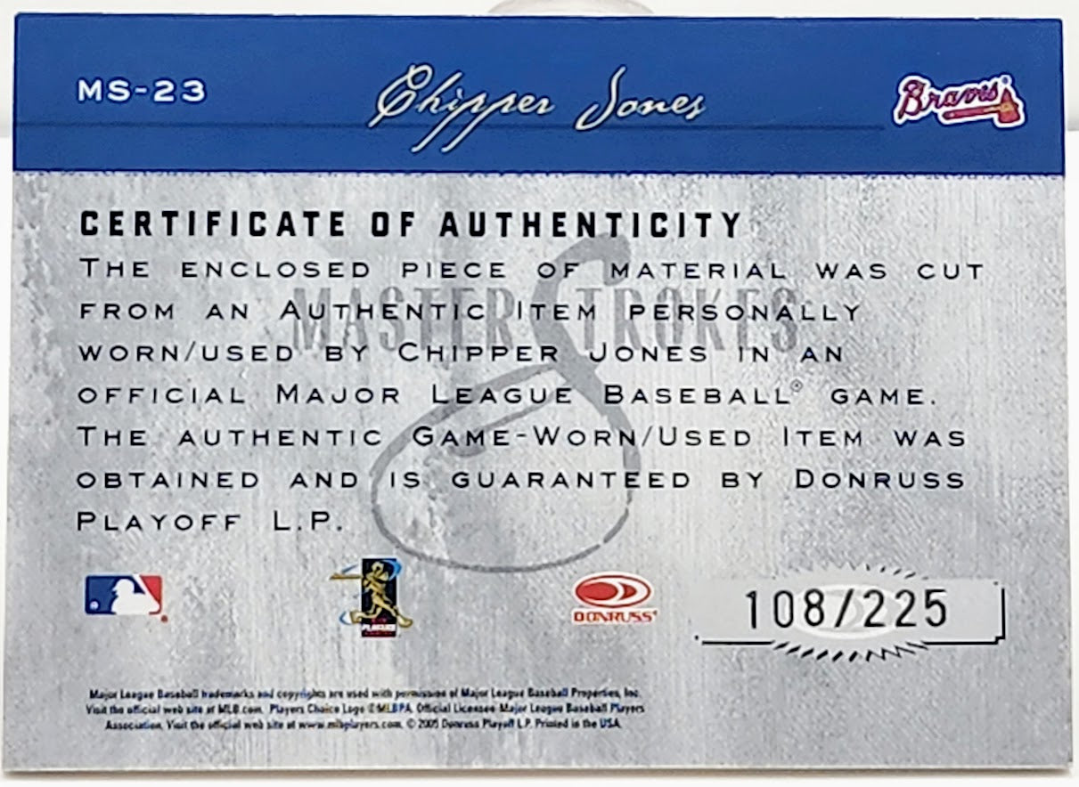 Chipper Jones 2005 Studio Masterstrokes Jersey 108/225 Card# MS-23 - walk-of-famesports