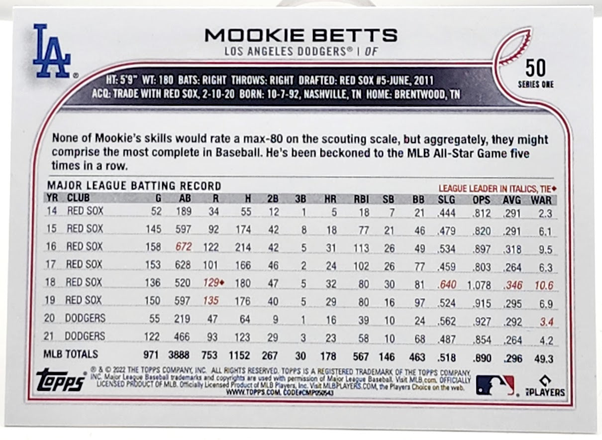 2022 Topps Mookie Betts Baseball Card #50 Mint - walk-of-famesports