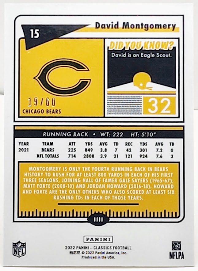 2022 Panini Classics #15 David Montgomery Timeless Tributes Gold #19/60 Bears - walk-of-famesports