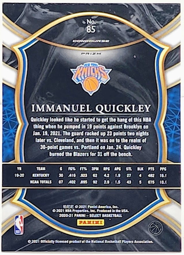 Immanuel Quickley RC 2020-21 Select Concourse Blue Purple Ice Prizm # 85 Knicks - walk-of-famesports