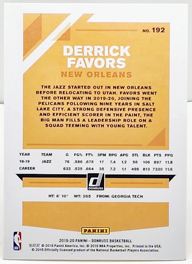 2019-20 Panini Donruss Holo Green and Yellow Laser Derrick Favors #192 - walk-of-famesports