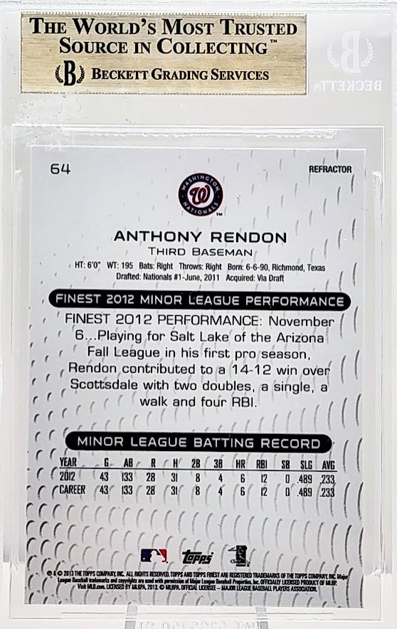 2013 Topps Finest X-Fractor Anthony Rendon #64 Rookie RC Becketts 9.5 Gem Mint