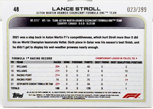 2022 Topps Chrome Formula 1 #48 Lance Stroll Purple Refractor 23/399