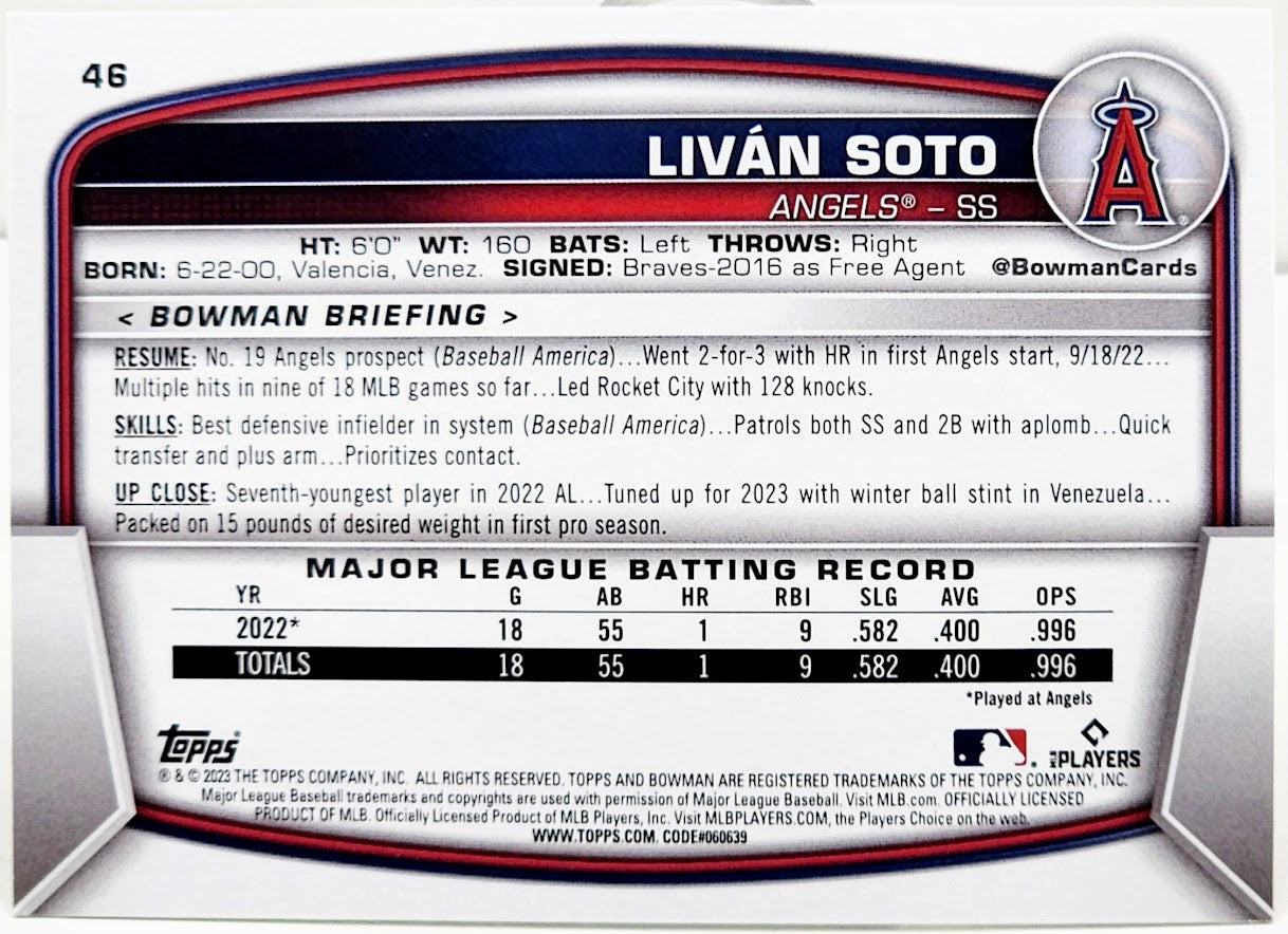 2023 Bowman Livan Soto RC #46 Neon Green Parallel #302/399 Angels