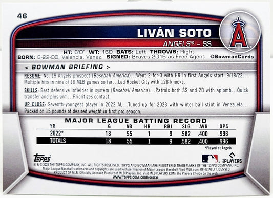 2023 Bowman Livan Soto RC #46 Neon Green Parallel #302/399 Angels