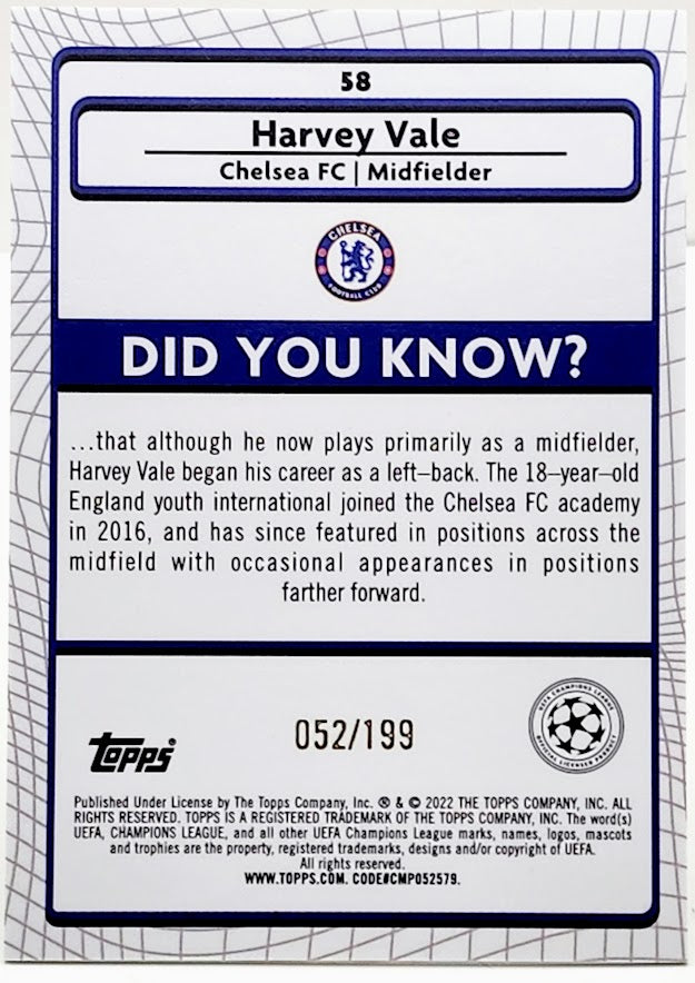 2021-22 Topps Merlin UEFA Harvey Vale /199 Aqua Speckle Refractor RC #58 CHELSEA
