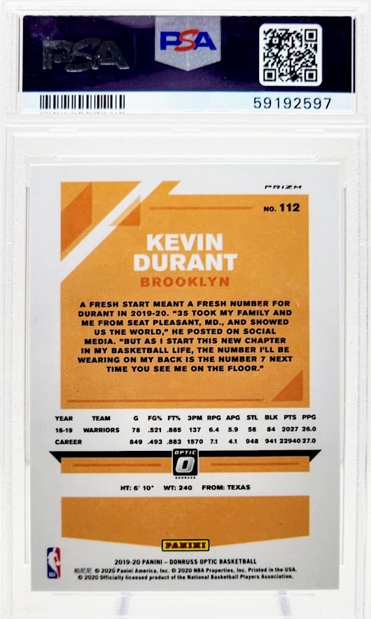 Kevin Durant 2019-20 Panini Donruss Optic Basketball Purple Prizm Card #112 PSA 10 Gem Mint