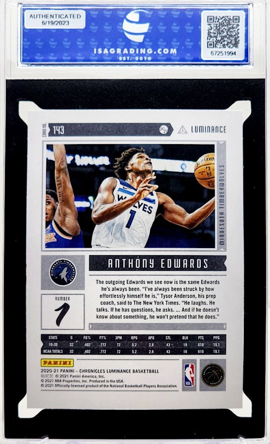 2020-21 Panini Chronicles Luminance Anthony Edwards Rookie Card #143 ISA 9 Mint