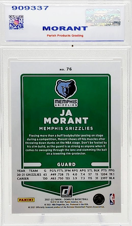 2021 Donruss JA MORANT #76 MEMPHIS GRIZZLIES Parish Gem Mint 10