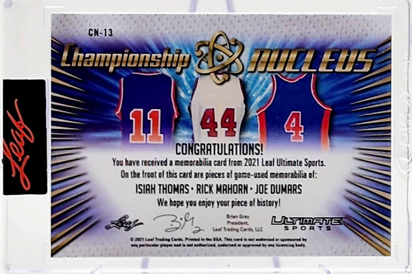 2021 Leaf Ultimate Sports Championship Nucleus Isiah Thomas, Rick Mahorn, Joe Dumars #8/12 Relic #CN-13 Card