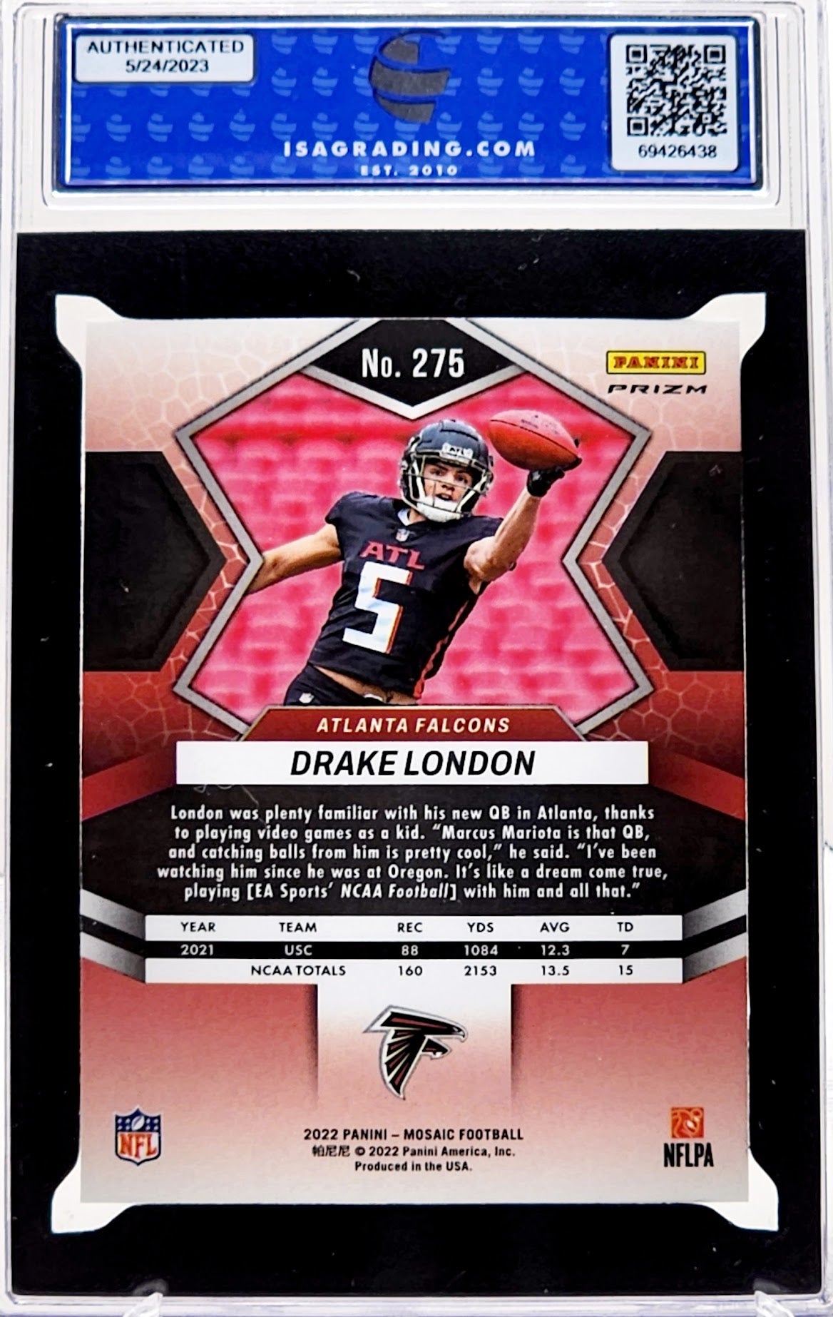 2022 Panini Mosaic Pink Camo Mosaic Drake London Rookie #275 ISA 10 GEM Mint - walk-of-famesports