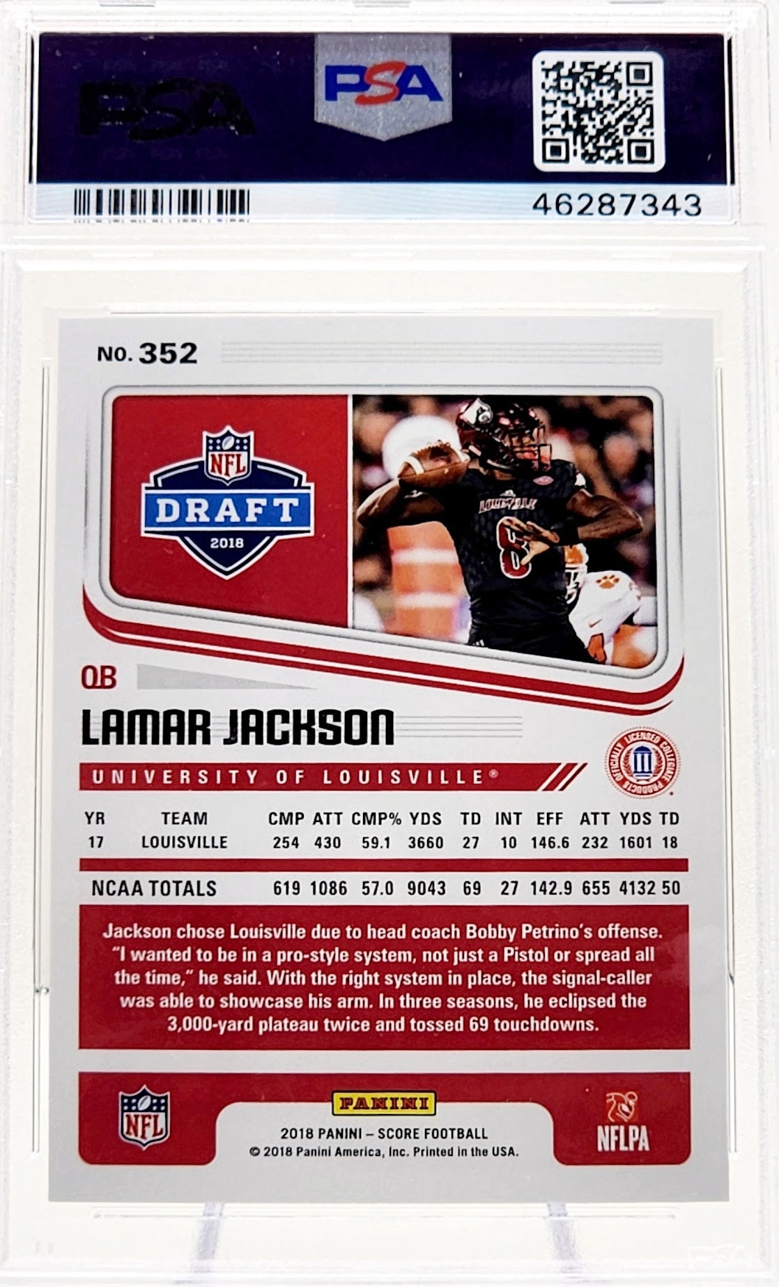 2018 Panini Score Lamar Jackson Gold Arizona Cardinals #352 PSA 9 Mint - walk-of-famesports