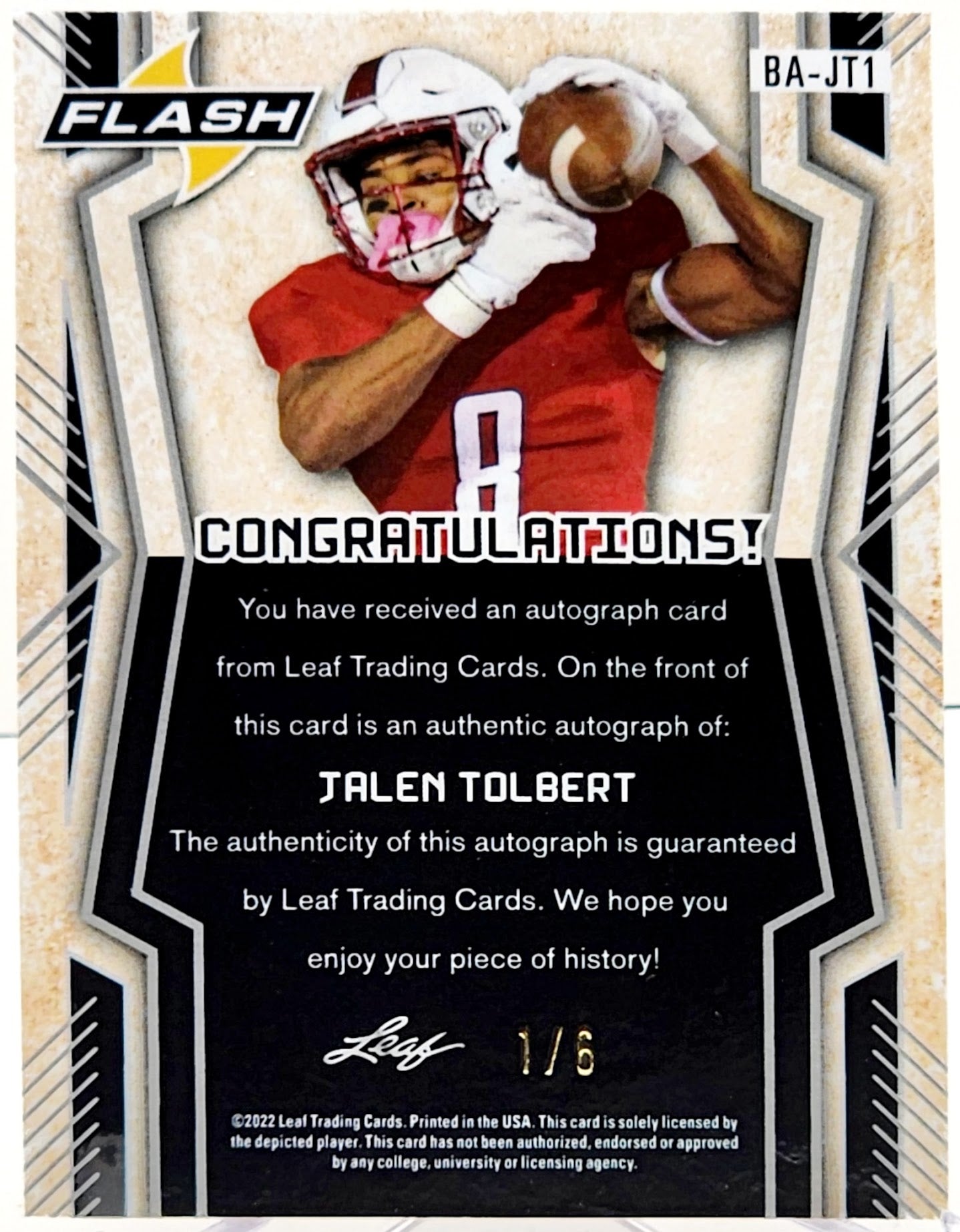 2022 Leaf Flash Jalen Tolbert Auto 1/6 RC Dallas Cowboys SP Orange Sparkles #BA-JT1 - walk-of-famesports