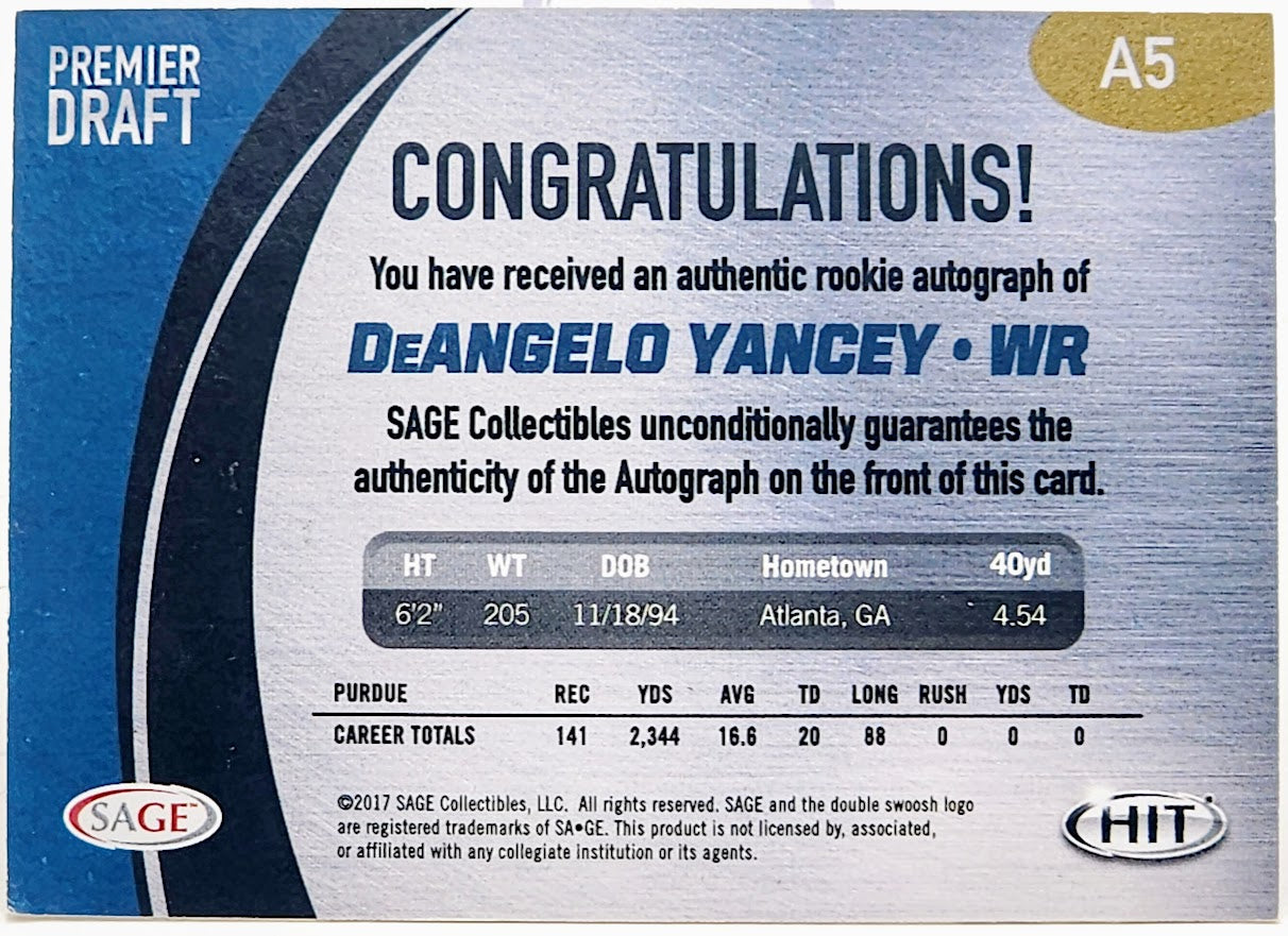 DeAngelo Yancy: 2017 SAGE HIT Premier Draft Autographs #A5 Purdue Boilermakers