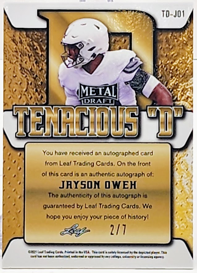 2021 Leaf Metal Draft - Tenacious D Autographs Mojo Purple #TD-JO1 Jayson Oweh 2/7