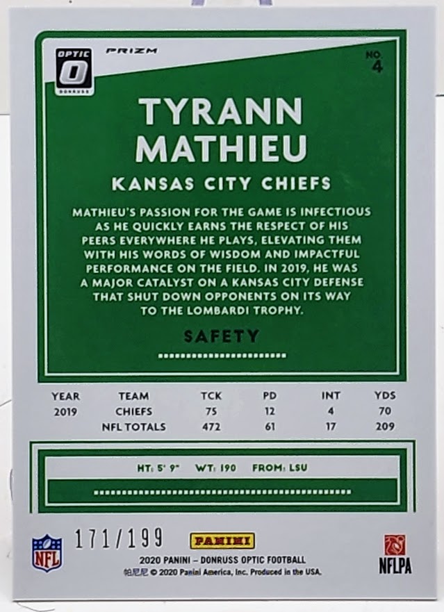 2022 Panini Donruss Optic Tyrann Mathieu #4 Silver Prizm 171/199 Kansas City Chiefs RC