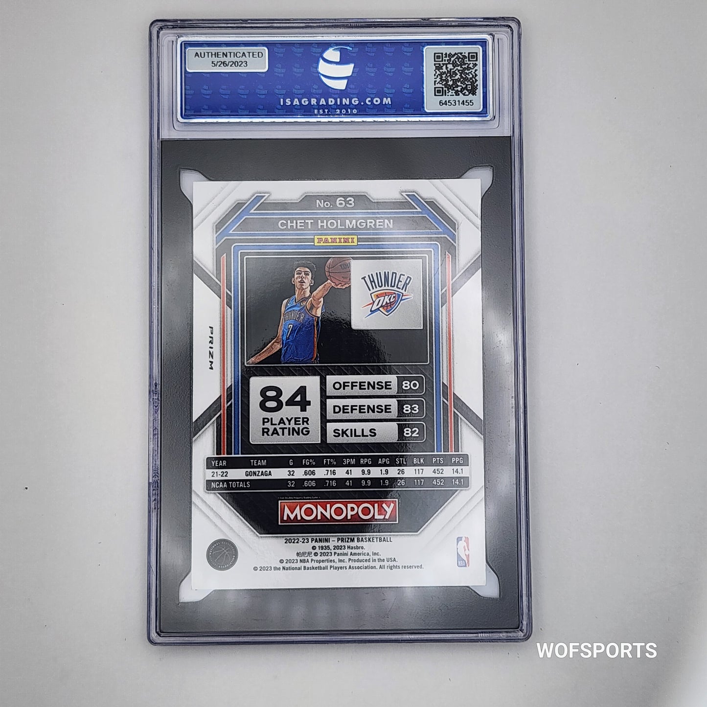 2022 Panini Prizm Monopoly Black Prizm Chet Holmgren RC #63 ISA 9 Mint