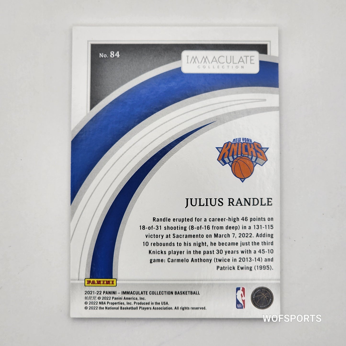 2021-22 Panini Immaculate 89/99 Julius Randle #84 NY KNICKS