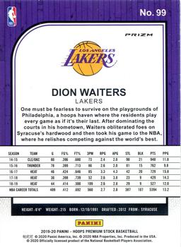 2019-20 Hoops Premium Stock Dion Waiters Silver Prizm #99 Los Angeles Lakers
