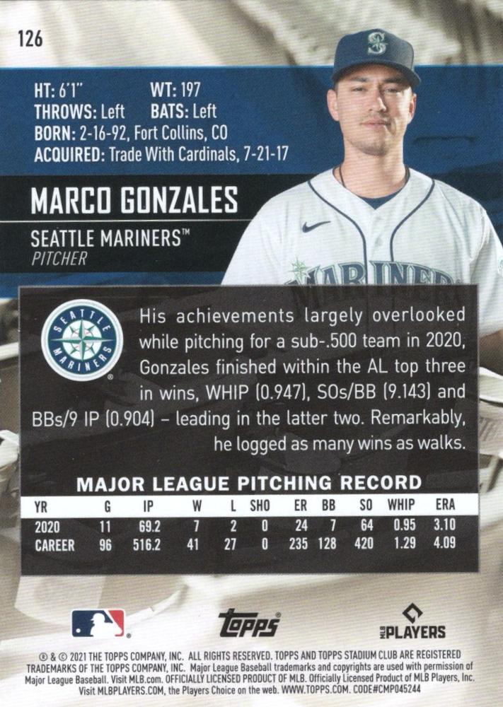 2021 Stadium Club #126 - Marco Gonzales - Seattle Mariners