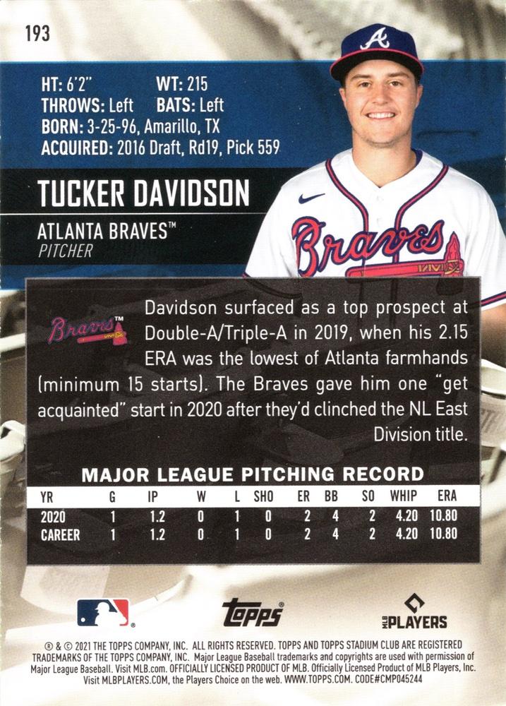 2021 Stadium Club #193 - Tucker Davidson RC - Atlanta Braves