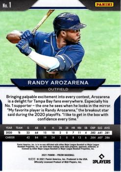 2021 Panini Prizm Randy Arozarena Silver Prizm #1 Tampa Bay Rays
