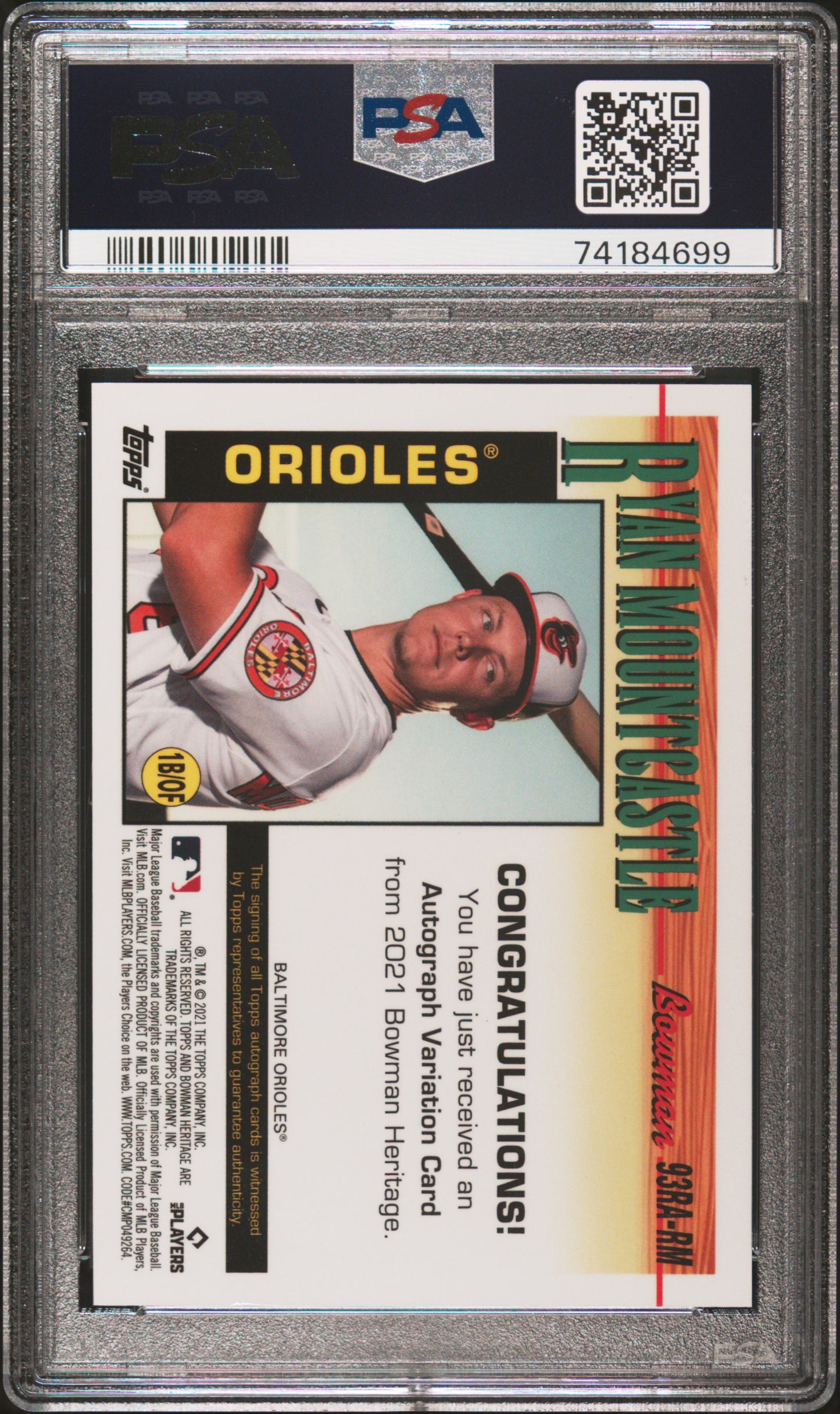 2021 Bowman Heritage #93RA-RM Ryan Mountcastle Chrome Rookies Auto PSA 9 Mint