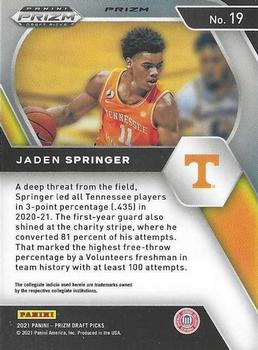 2021 Panini Prizm Jaden Springer Rookie Silver Prizm #19 Tennessee Volunteers