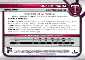 2022 Bowman Chrome Jose Miranda RC #17 Minnesota Twins