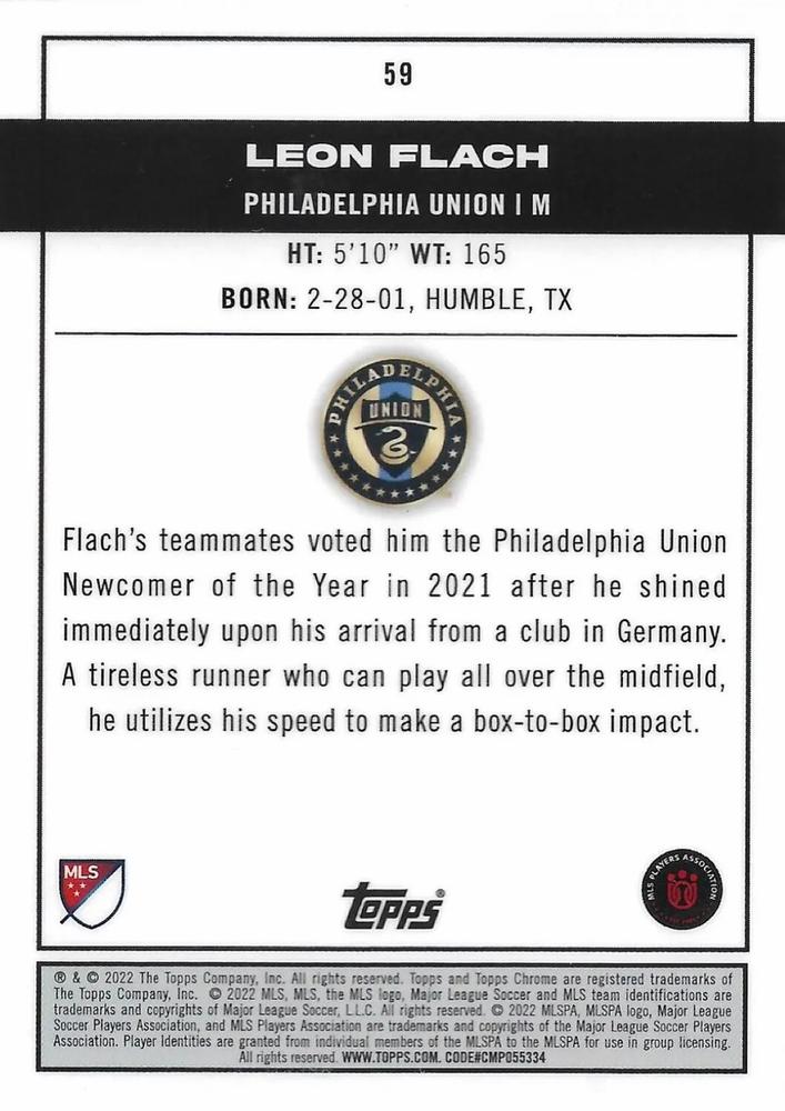2022 Topps Chrome MLS Refractor #59 Leon Flach RC Philadelphia Union